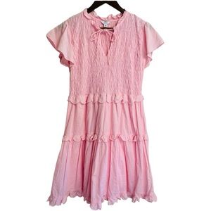 Crown & Ivy Dress Womens Medium Pink Ruffled Flutter Sleeve Smocked Bodice Swing